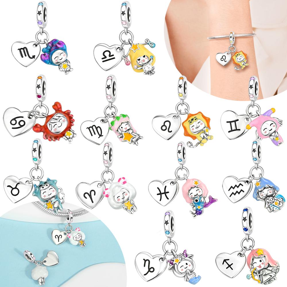 Original Cute Cartoon Constellation Pendant Cancer Capricorn Leo Bead Fit Bracelet Copper Women Diy Delicate Gift Accessory