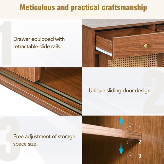 Sideboard, Chest Of Drawers with 3 Drawers and 3 Sliding Doors, Rattan Mesh On The Door Fronts, Legs Made of Solid Wood, Golden Metal Iron Handle,