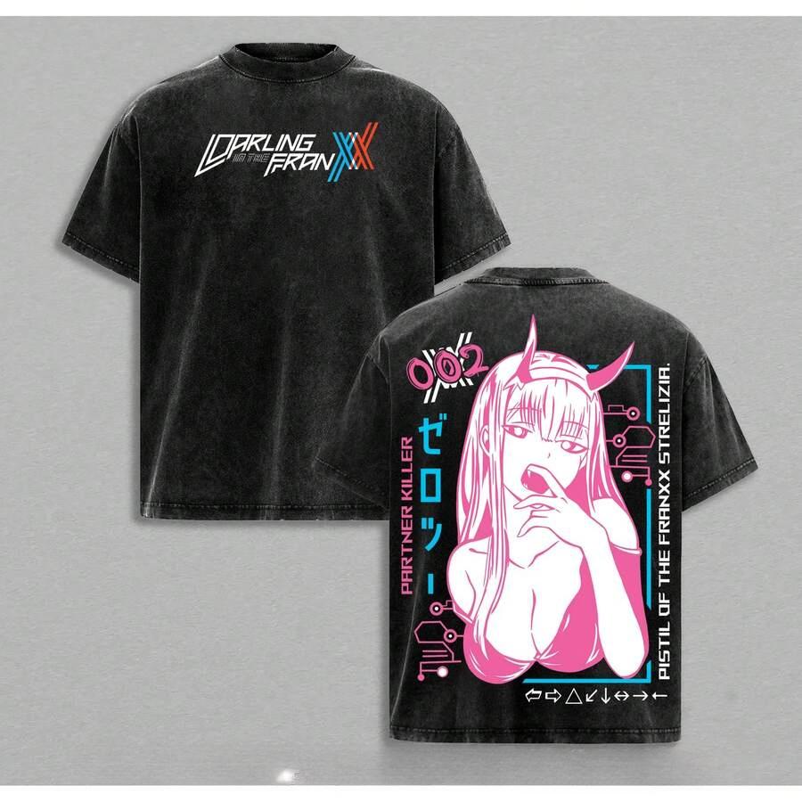 Zero Two Print T-shirt DARLING In the FRANXX Anime Clothing Men Women Cotton Tshirts Retro Washed Tee Harajuku Oversized T Shirt
