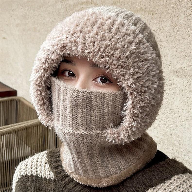 2-in-1 Women Winter Knitted Balaclava Hat Scarf Plush Fleece Lined Neck Warmer Windproof Outdoor Skiing Cycling Hooded Beanie
