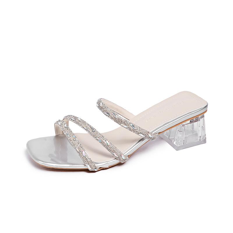 

Летние сексуальные шлепанцы с квадратным носком 2024 года, туфли на толстом каблуке со стразами и открытым носком, шлепанцы на среднем каблуке для вечерних платьев и коктейльных вечеров 40 серебряный