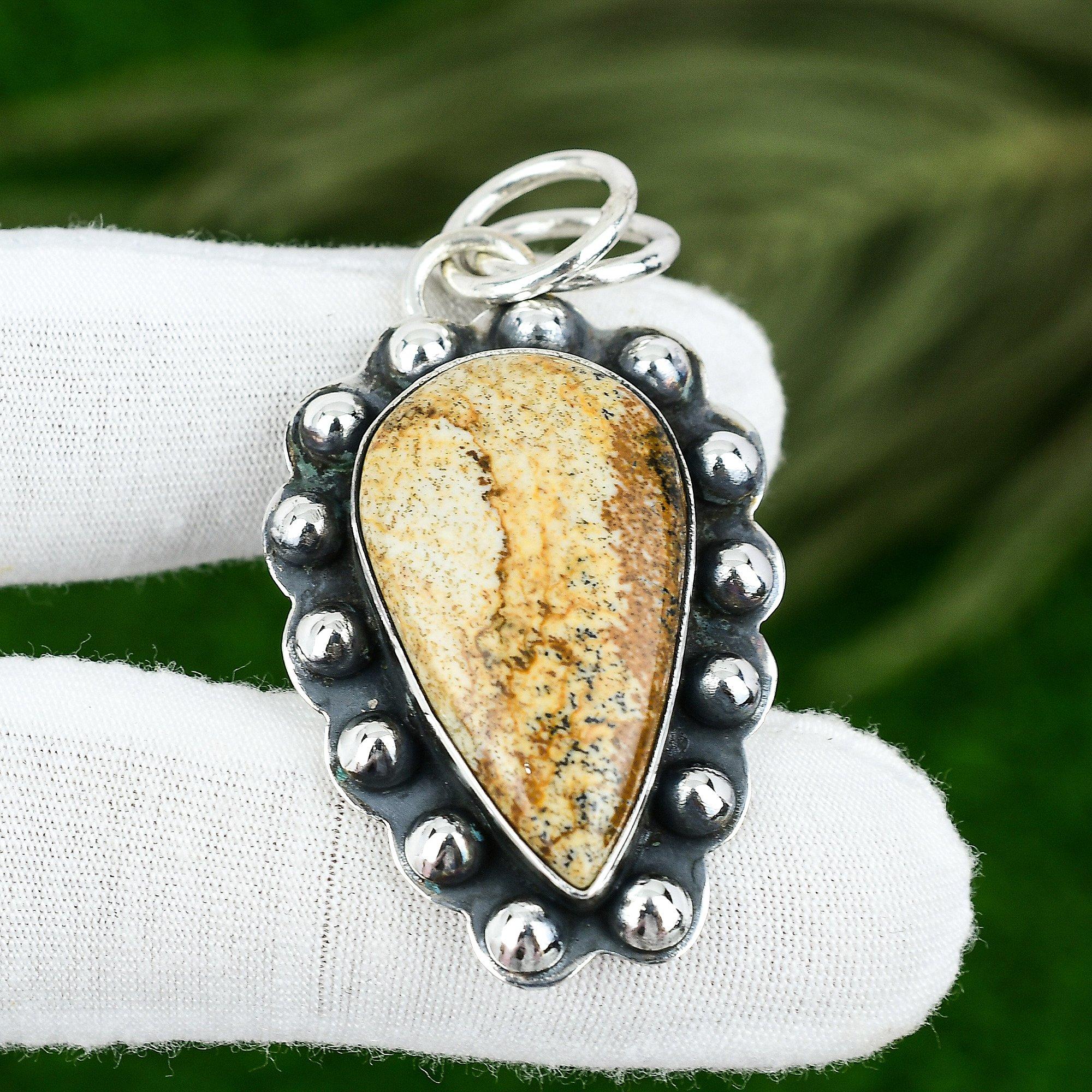 925 Silver Pear Picture Jasper Gemstone Sister Anniversary New Pendant Jewelry