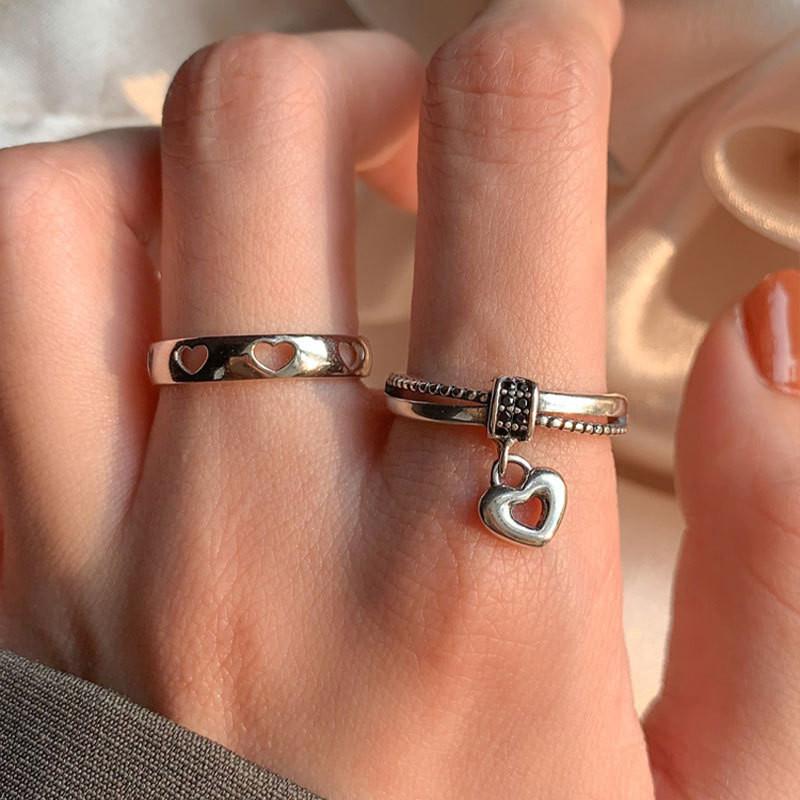 Chic 925 Silver Geometric Open Adjustable Heart Ring For Women Fashionable And Sweet