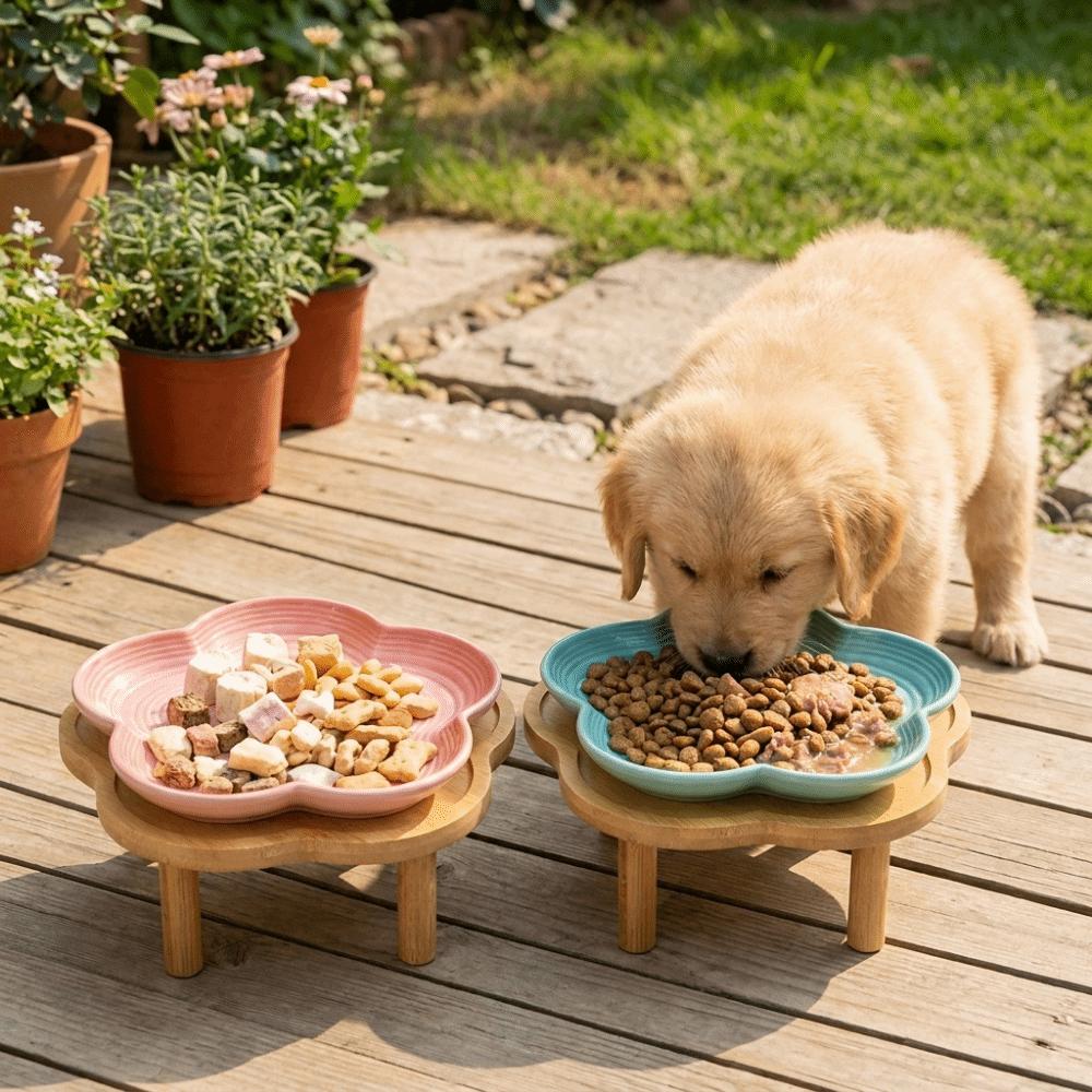 Large Capacity Ceramic Elevated Cat Bowl Cervical Spine Protection Anti-slip Pet Food Bowl with Wood Stand Anti Tipping