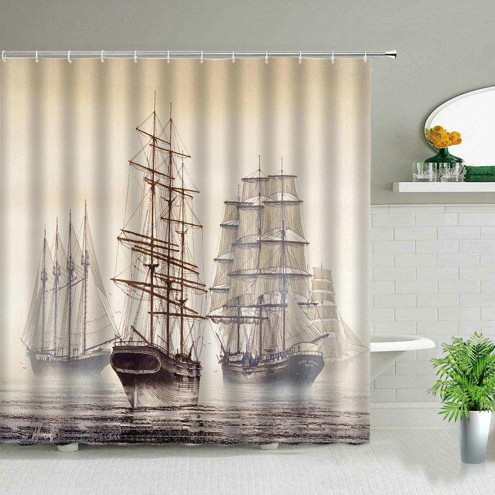 Sailboat Ocean Scenery Bathroom Shower Curtains Oil Painting Landscape Waterproof Bath Curtain Bathtub Decor Cloth Set With Hook