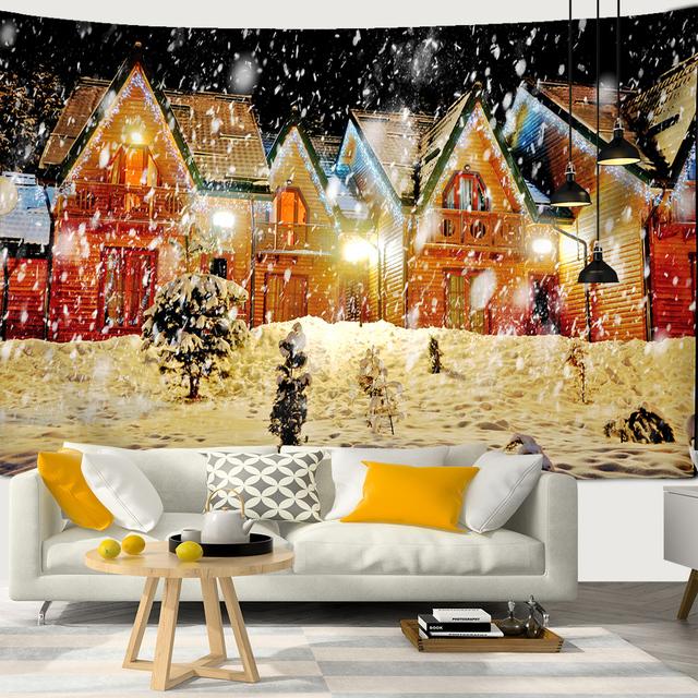 Snow Christmas Tree Fireplace Santa Claus Print Tapestry Wall Hanging Background Cloth Decor Christmas Home Room Wall Decoration