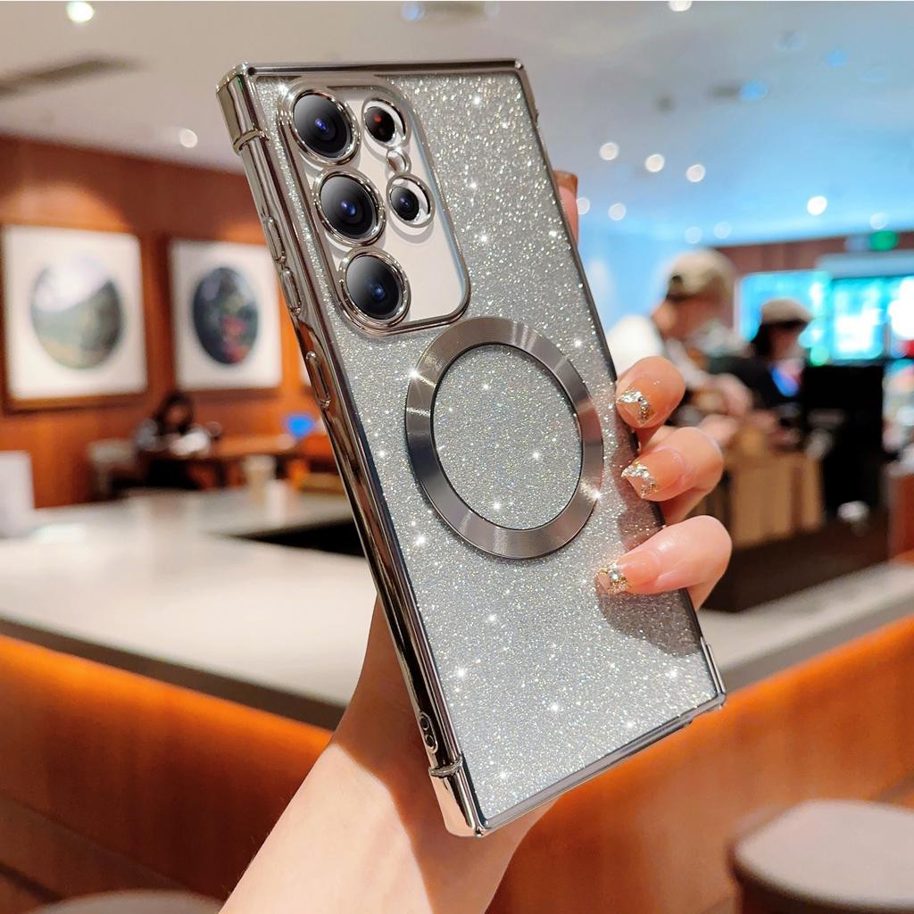 Para Capa Samsung Galaxy S23 Ultra Galvanizada Glitter TPU Transparente Capa de Telefone Compatível com MagSafe