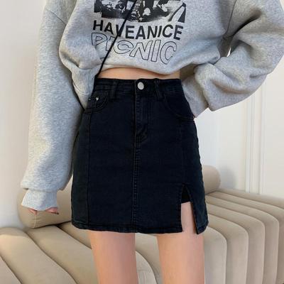 Einzigartiges Klassisches Vielseitiges Jugendliches Design Schlitzrock Slim Schwarz Stretch High-Waisted Neckholder Paket Hüfte A-Linie Damen Sommer Mode Denim Kurzer Rock