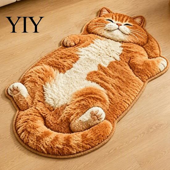 Easy to Clean Bedroom Rug Cozy Cat Shaped Floor Rug, Plush Cartoon Area Mat, Soft Whimsical Pet Themed Cover Crystal Velvet Decorative for Bedside And