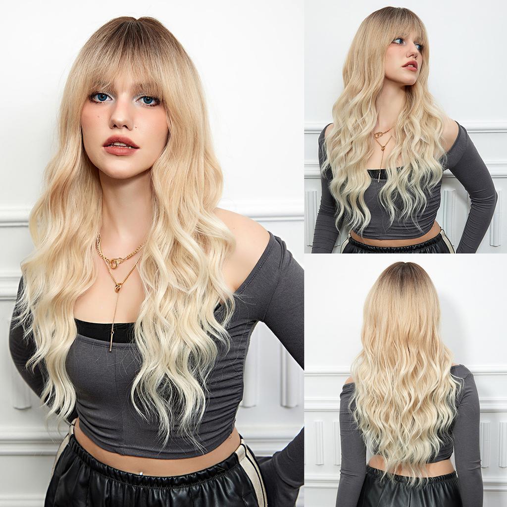 Qi Bangs Platinum Barbie Wind Big Wave Long Curly Hair Fluffy Facial Wig Full Headgear Wig