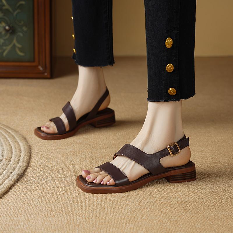 2024 Nouvelles Sandales pour Femmes Rétro Gladiateur Escarpins Décontractés Cuir Véritable Talons Bas Chaussures pour Dames de Bureau Femme Été Mode Concise