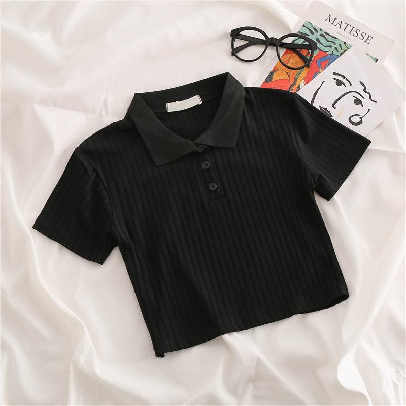 

2025 Женский приталенный топ с коротким рукавом и белым воротником поло Medium чёрный