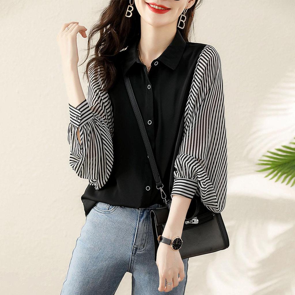 Spring Autumn Fashion Casual Loose Splicing Striped Korean Shirt Women