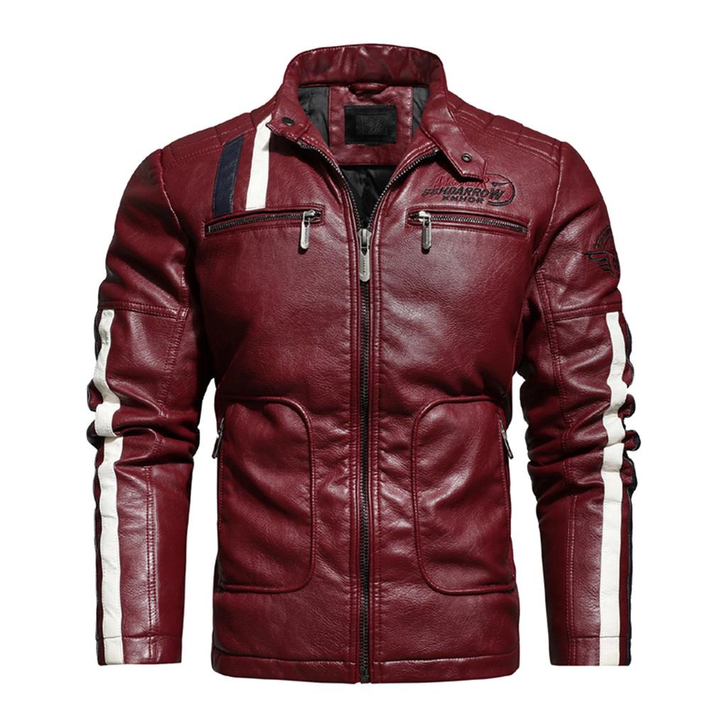 Men's Motorcycle Leather Racing Suit Colorblock Embroidery Motorcycle PU Jacket Windproof Cotton Jacket