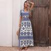 Summer Vacation Style Dress - V-neck Short-sleeved Long Dress with A Slit At The Waist and A Tie At The Neckline for Women