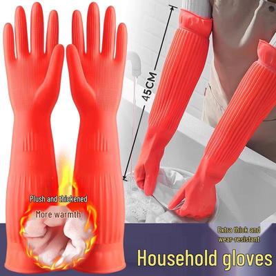 New Arrival: Extended Waterproof Rubber Gloves - Thickened, Velvet-Lined for Household Cleaning