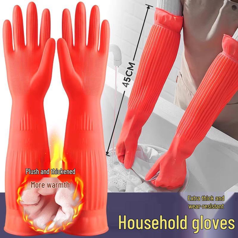 Nowy przyjazd: Wydłużone Wodoodporne Rękawice Gumowe - Pogrubione, Wyściełane Welurem do Czyszczenia Domowego