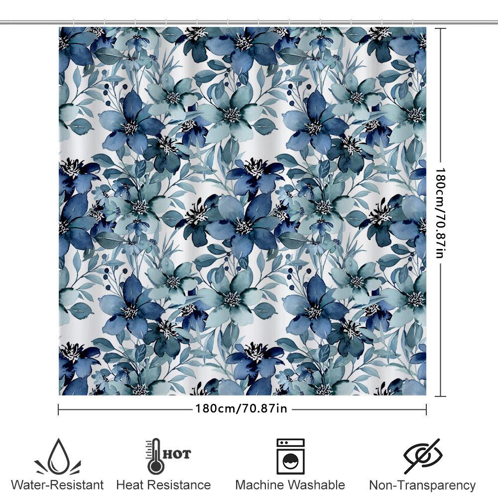 Handmade Shower Curtain With Navy Blue Flowers Pattern For Bathroom Decor Waterproof Fabric For Bathtub Area