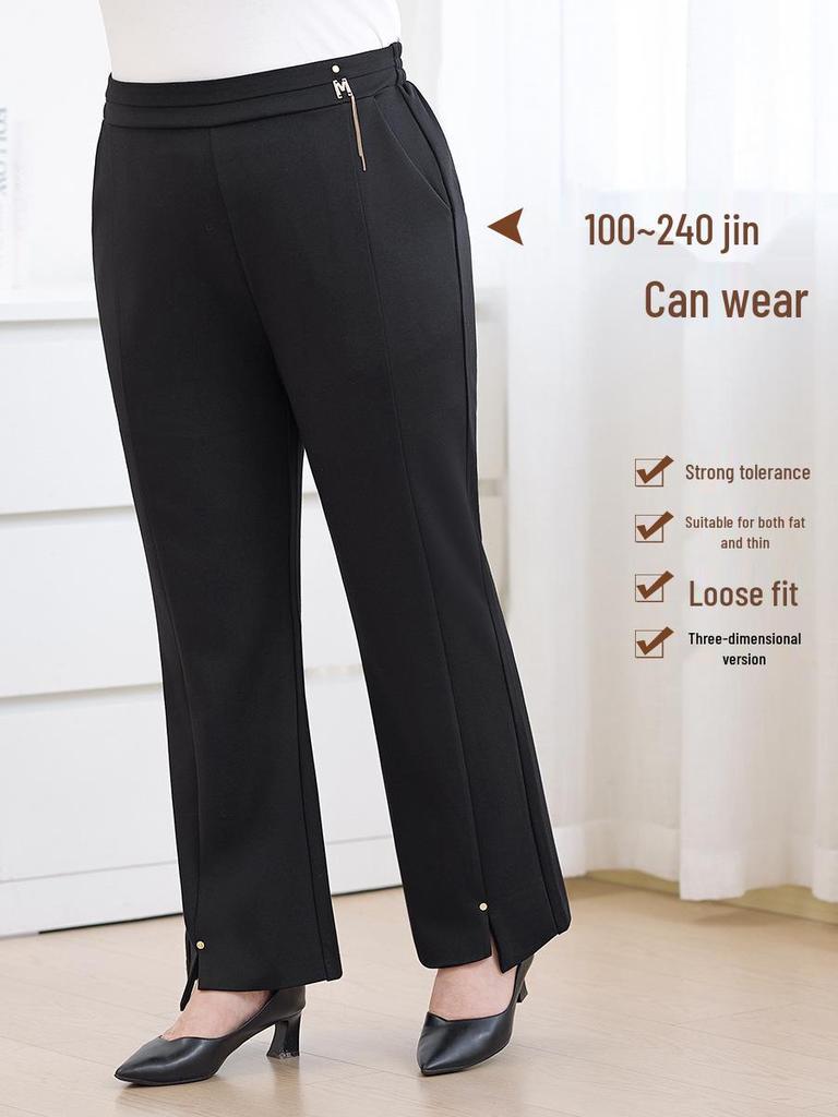 Plus Size Women's High Waist Micro Flare Pants with Metal Accents - Elegant Winter Wear for Middle-Aged and Elderly