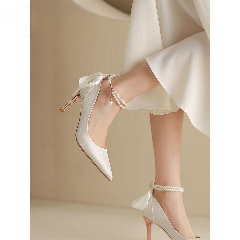 White high heels women's French temperament wedding shoes main wedding dress bridal shoes versatile daily wear engagement dress shoes
