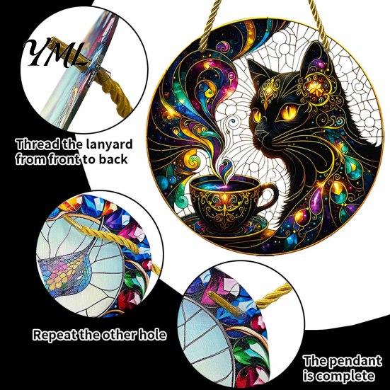 Cute Cat Hanging Accessory Moon Halloween Window Decor, Mystical Black Round Sign Artistic Animal Wall Ornament for Indoor Outdoor Art, Gothic