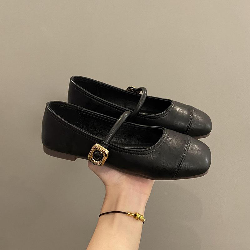 Mary Jane shoes shallow buckle single shoes women's spring square head flat bottom soft sole comfortable Doudou shoes with high wedge heel