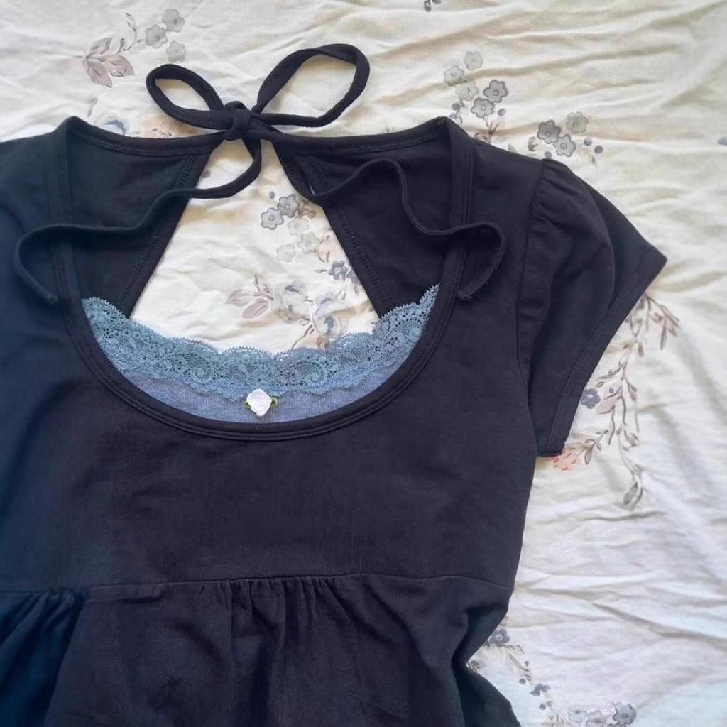 Women's Dark Blue Vintage Halterneck Lace T-Shirt