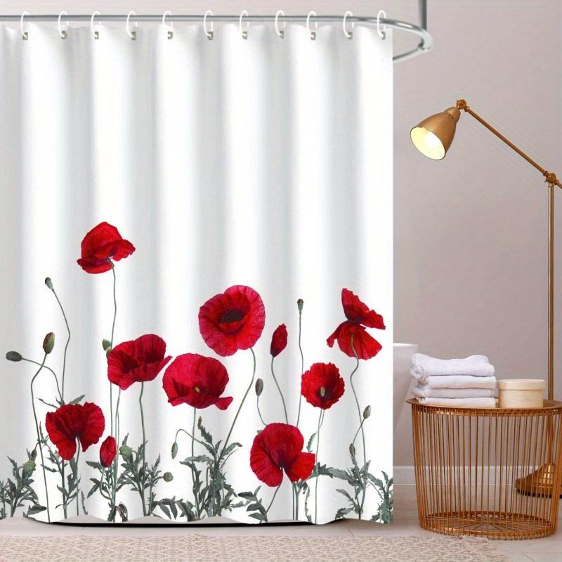 Exquisite Fashion Items Red 1Pc Poppy Pattern Shower Curtain, Polyester Fabric, Machine Washable, Suitable For Bathroom Decoration