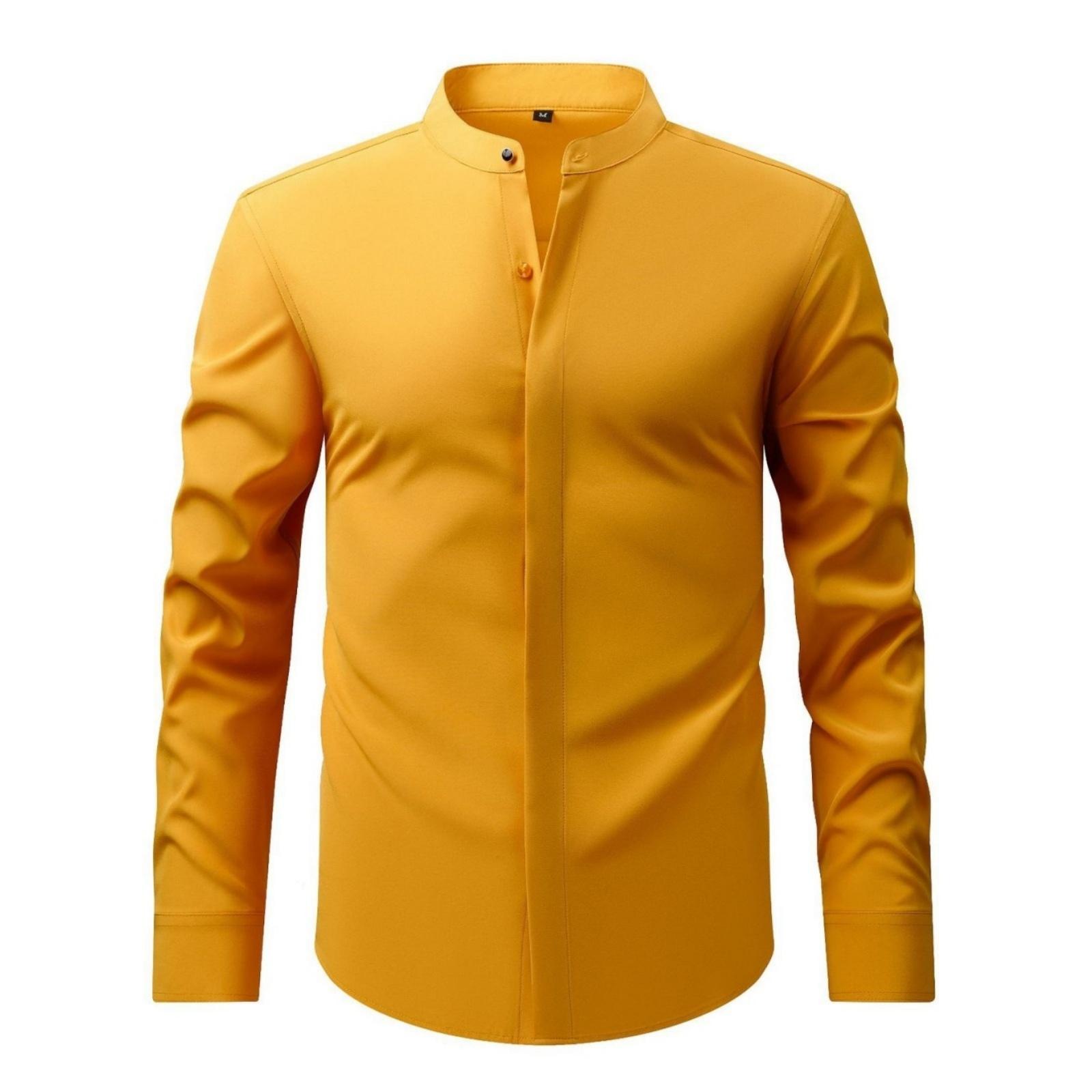 Men s Casual And Trendy Four-sided -up Digital Printed Solid-color Long-sleeved Lapel Button Shirt XXXL жёлтый