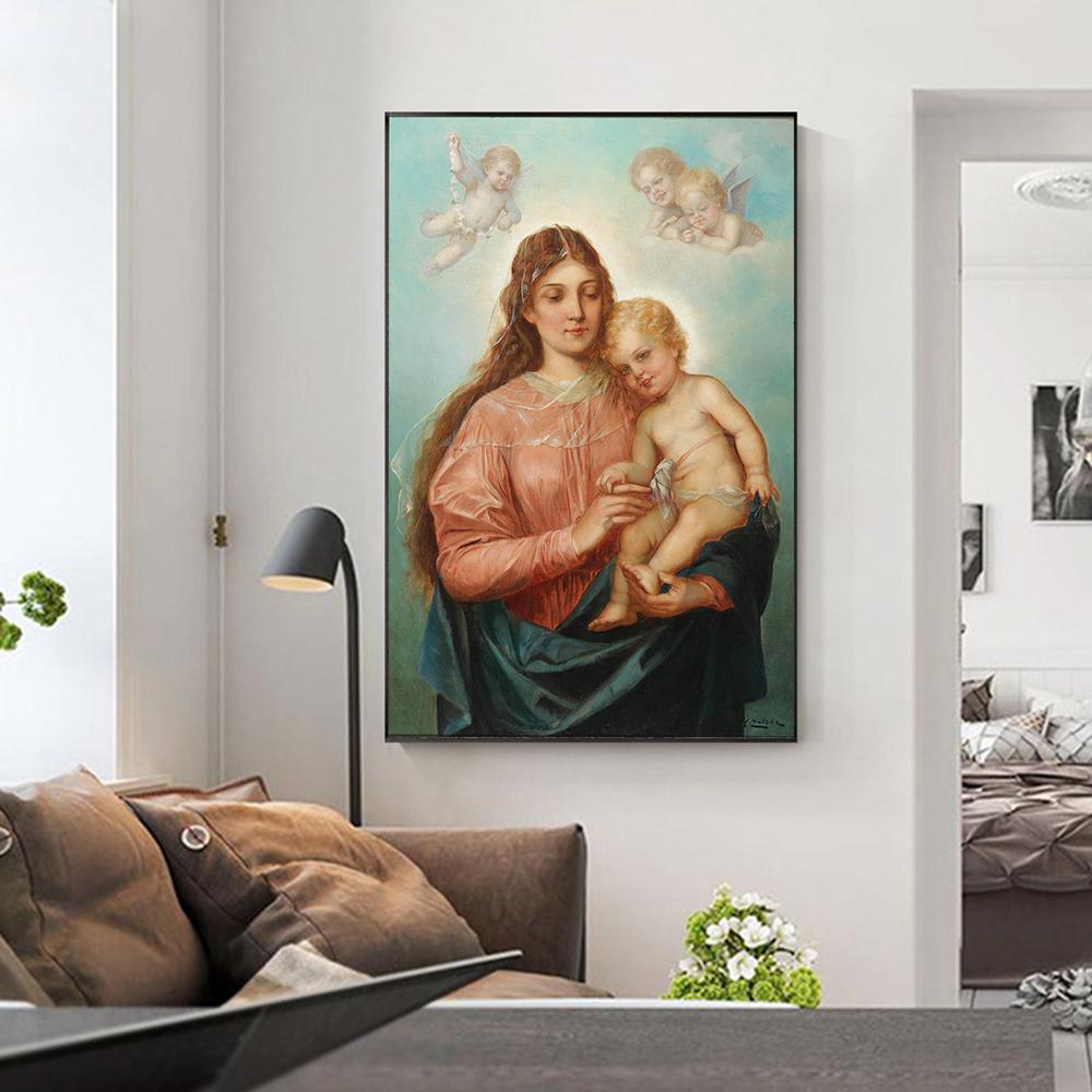 Madonna und Kind mit Engeln Malerei Zatzka Wand Retro Kunst Leinwand Druck Poster Warme Bild für Wohnzimmer Home Decor Cuadros