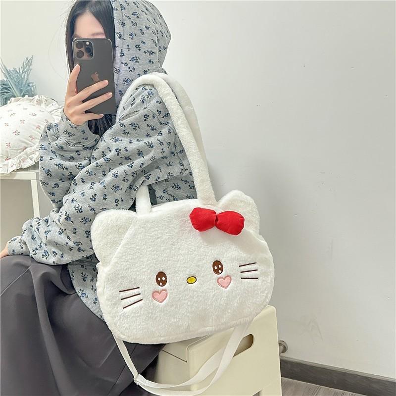 Hello Kitty Large Capacity Tote Bag With Plush Material For Daily Casual Use