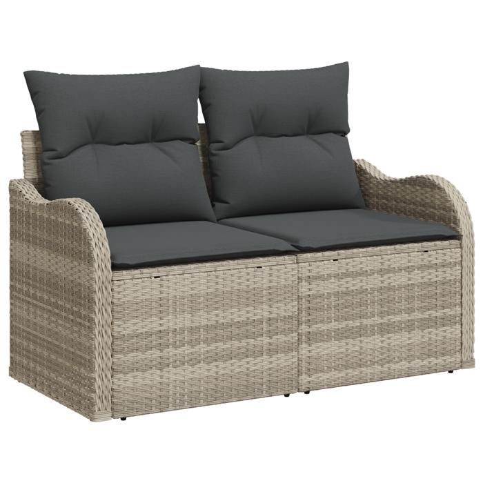 Ensemble de canapés de jardin de 7 pièces avec coussins gris poly rattan, Canapé de jardin 2 places avec coussins gris clair 3345782