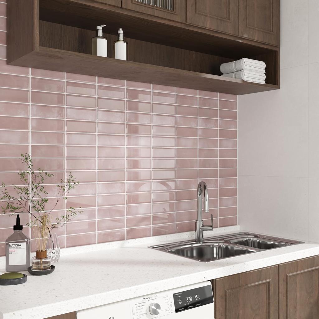 VaryPaper Tile Stickers Wall Decals Wallpaper Stickers Removable Wallpaper Sheets Pink 3D Interior Decor Set Brick Pattern Tile Sheets Mosaic Tiles