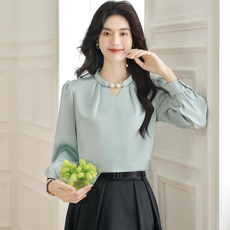 New Fashion Autumn Long Sleeve Beading O-Neck Casual Chiffon Blouse Shirt Women Tops Blouses Shirts J418