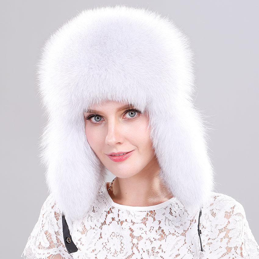 

Зимняя меховая шапка для женщин Шапка с ушами из натурального меха лисы Шапки русские женские шапки-бомберы шапки-ушанки с натуральной кожей сверху Adjustable(54-60cm)