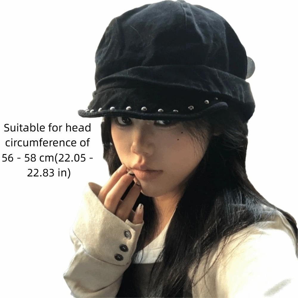 Nouveau Béret Gothique à Clous Couleur Unie Noir Bordure à Rivets Béret Hip Hop Réglable Casquette à Fond Plat Femme