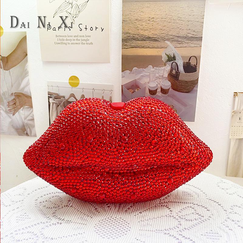 Dai Ni Xi Female Luxury Red Sexy Full Diamond Lips Shape Crystal Evening Bags Woman Clutches Wedding Evening Purse For Ladies