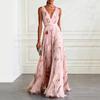 European Blue Tulip Print Sleeveless V-Neck Chiffon Long Gown - Elegant and Flowy Formal Dress for 2026 Banquets
