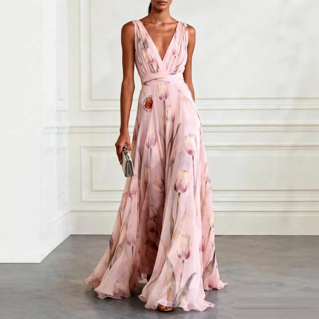 European Blue Tulip Print Sleeveless V-Neck Chiffon Long Gown - Elegant and Flowy Formal Dress for 2026 Banquets