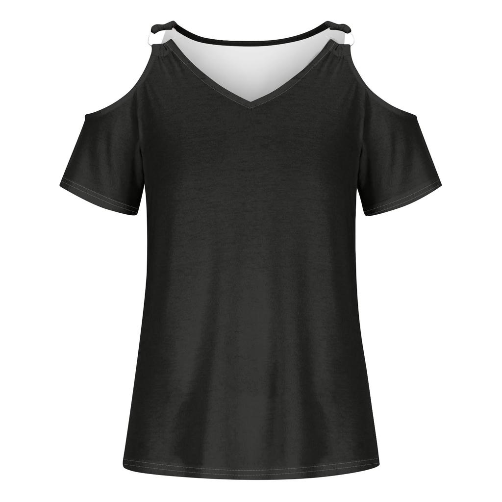 Dam Sommar Enfärgad Ihålig V-Hals Lös Kortärmad Topp T-shirt