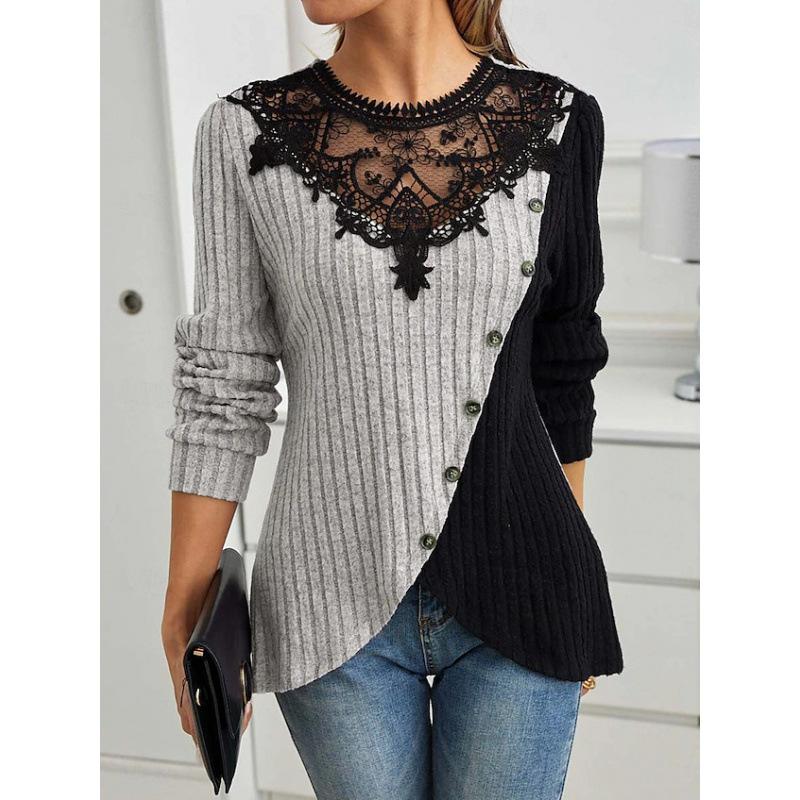 Women s V-Neck Contrast Color Block Knit Top with Button Front & Lace Trim S светло-серый