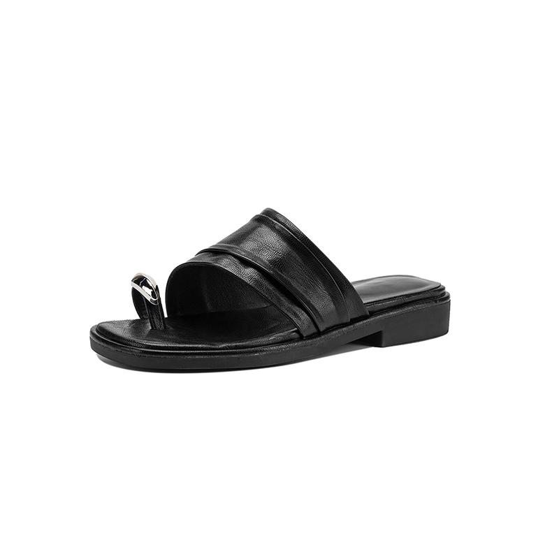 FOREADA Women Thong Slides Round Toe Flats Metal Decoration Slippers Concise Sandals Ladies Fashion Shoes Summer Silver 43 33 чёрный