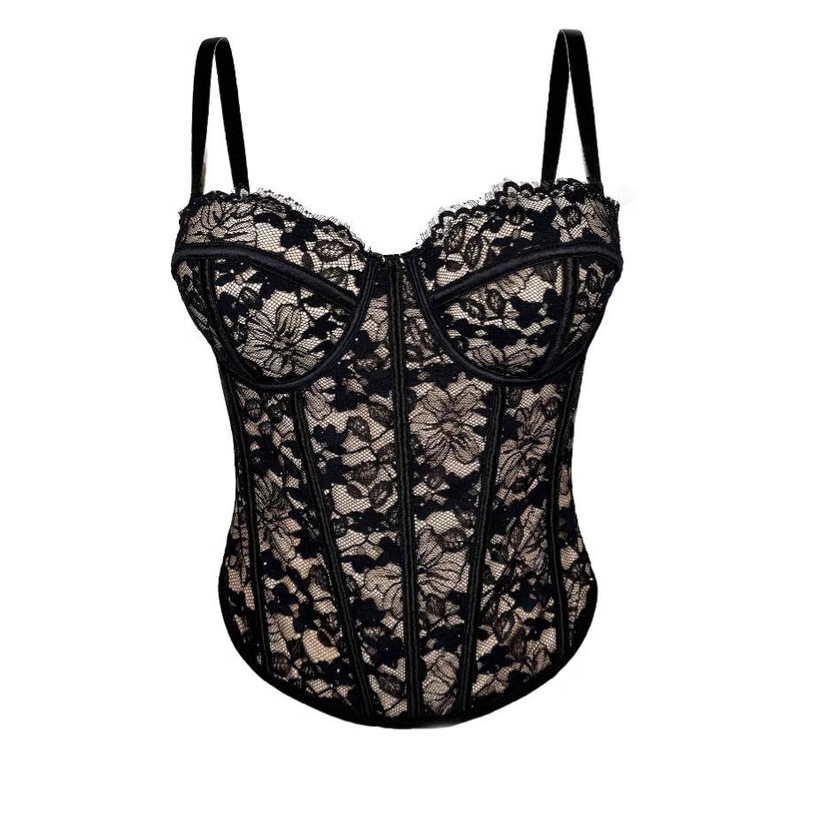 New European and American Spice Girls Black Lace Inner Suspender Premium Sense Outer Wear Shape Gathering Fishbone Corset