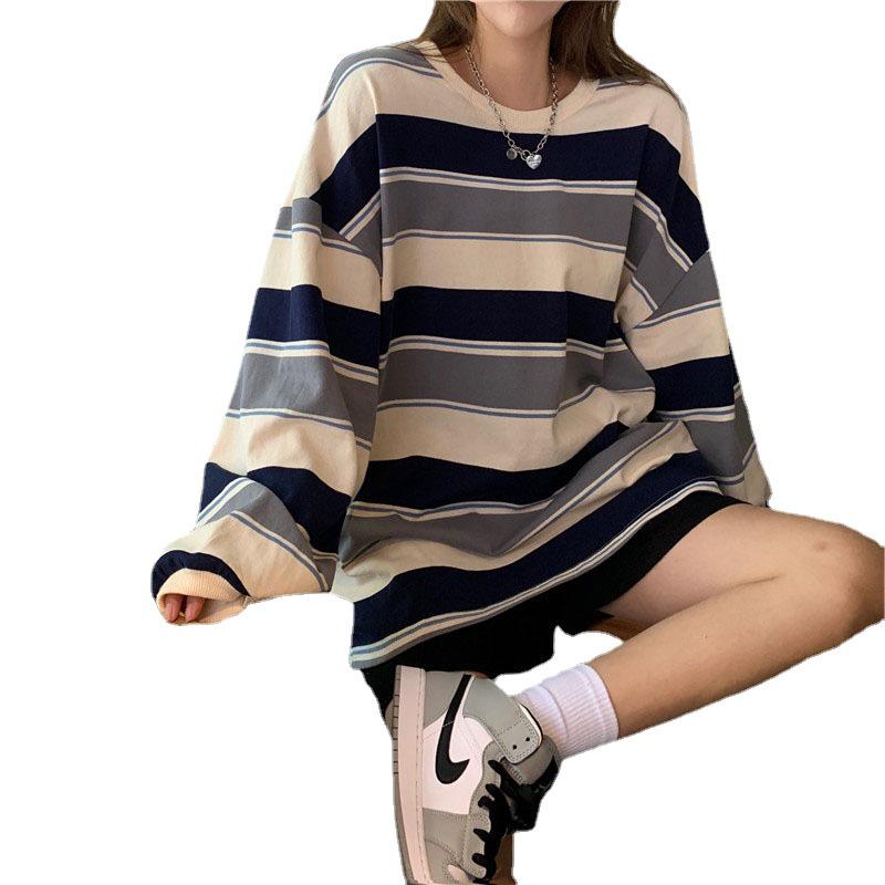 Striped Women's Korean Style Loose Long Sleeve Mid-length T-shirt, Spring/Autumn 2022 Trend