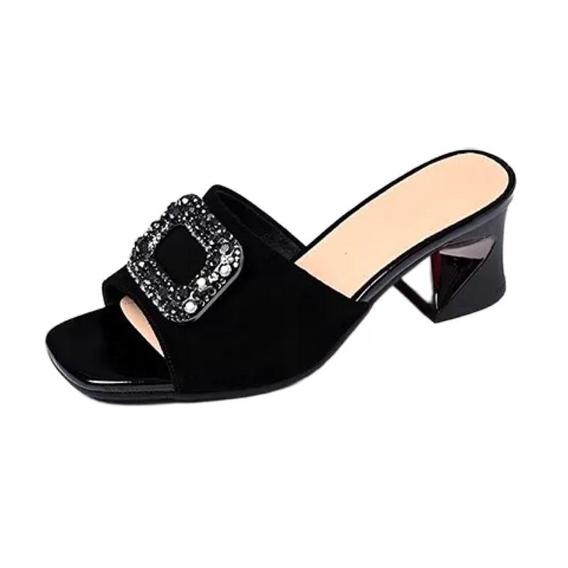 High-heeled slippers women's summer wear 2025 non-slip soft-soled one-word slippers square head thick-heeled sandals medium-heeled open-toed sandals