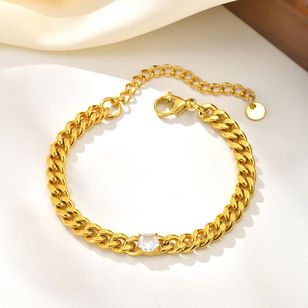 Vnox Classic Stainless Steel Cuban Chain Bracelet With Single Round Zircon Two Color Fashion Jewelry For Women Men 21cm Length