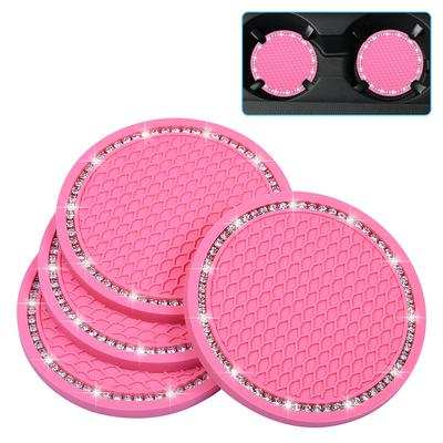 Car Non-Slip Coaster Bling Car Drink Holder Cup Mat Vinyl Anti-Slip Vibration Proof Round 70mm Diameter 4pcs Pink