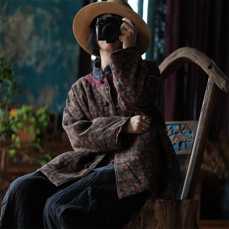 Johnature Γυναικεία παρκά με λουλούδια vintage στάμπα με μακρύ μανίκι με λαιμόκοψη και βαμβακερό μαλακό παλτό Πάρκα χειμερινού κινέζικου στυλ