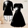 Women Plus Size Red Black Printed Two Piece Set Square Neck Tie Waist Flared Dress And 3 4 Sleeve Cardigan