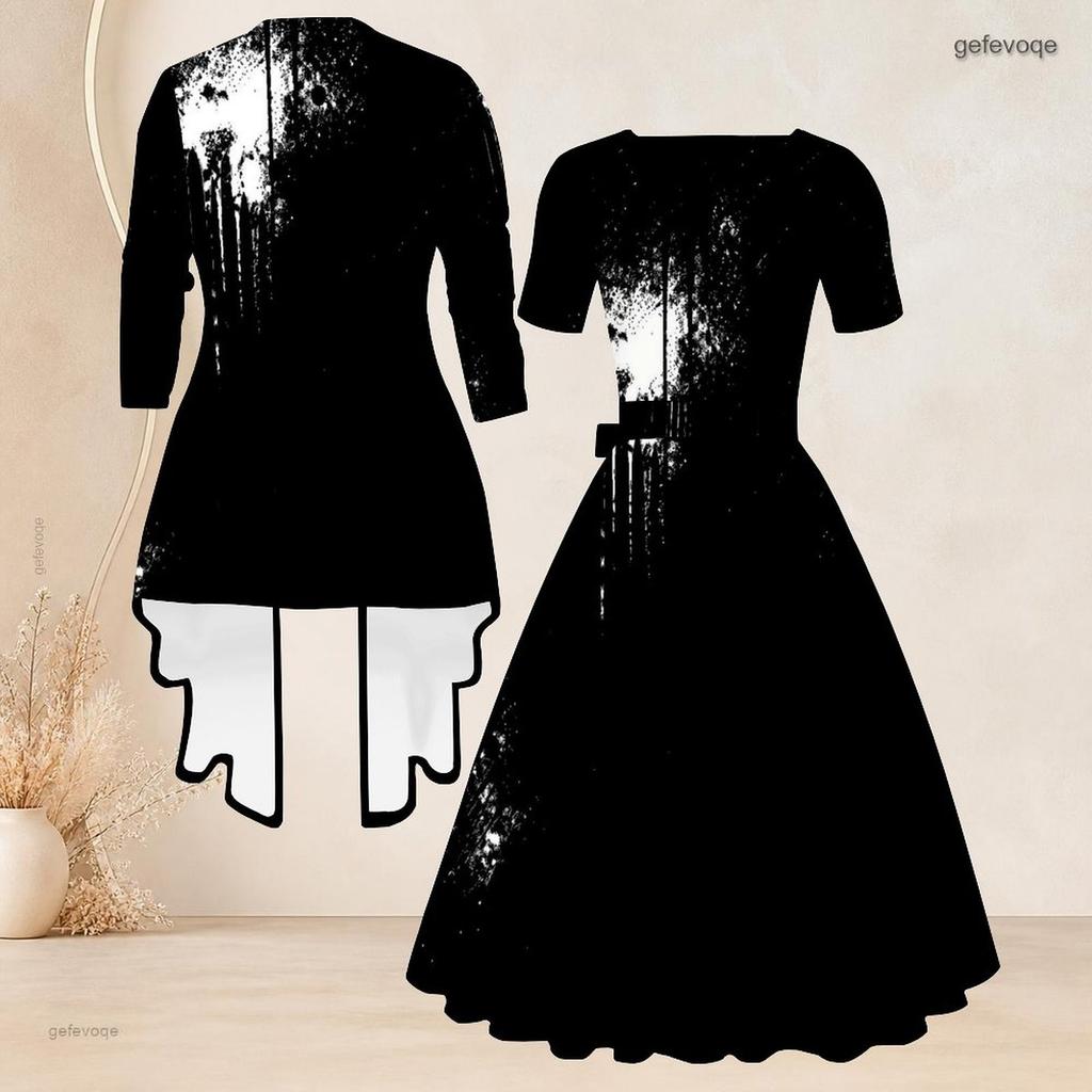 Women Plus Size Red Black Printed Two Piece Set Square Neck Tie Waist Flared Dress And 3 4 Sleeve Cardigan